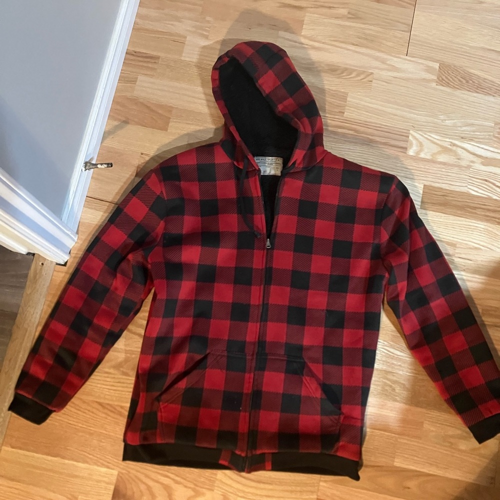 Mens large red and black plaid wool hoody.